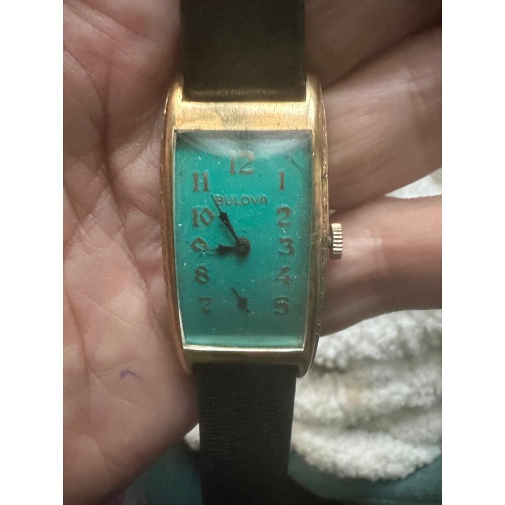 UNIQUE VINTAGE 1930's BULOVA TANK WATCH TEAL GREEN BLUE FACE MANUAL WIND WORKS!